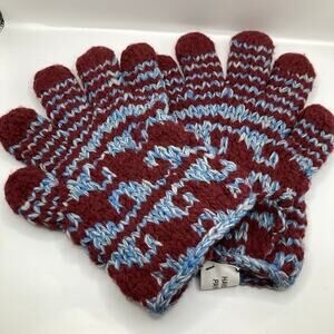 Handmade Adult OSFM Maroon & Blue Thick Knit Gloves Made in Pakistan Cozy Warm